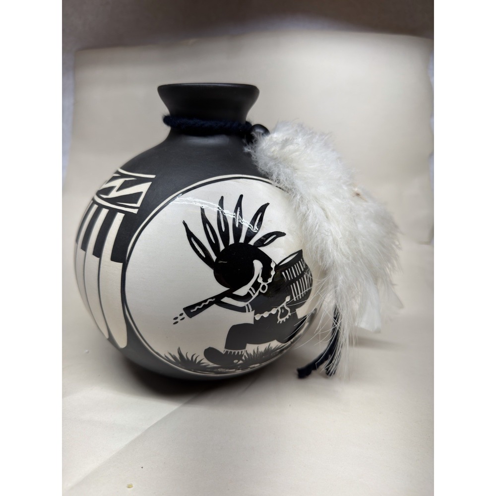 Vintage Native American Kokopelli Pottery Vase Signed Dorn AZ Black White 8"